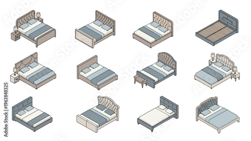 Diverse collection of twelve isometric double bed designs with various headboard styles, mattresses, and colorful bedding sets.
