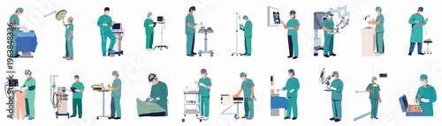 Flat illustration set of diverse surgeons and medical staff performing various duties in an operating room and hospital environment, isolated on white background.