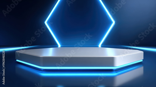 Futuristic hexagonal podium with glowing blue LED accents on reflective floor, neon hexagon backdrop and sleek metallic platform evoking modern technology and product display