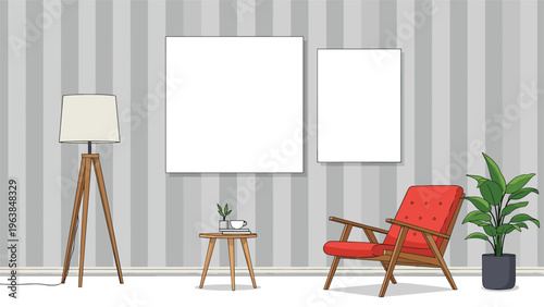 Cozy living room corner with a stylish red armchair, a tripod floor lamp, a small side table, and two blank frames on the wall.