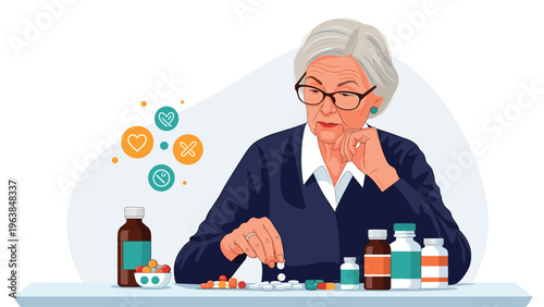 Concerned senior woman wearing glasses sitting at a table and carefully organizing a large variety of medicine bottles and pills.