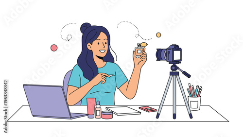 Female beauty influencer records video for social media channel while sitting at desk with laptop and showing perfume bottle to camera.
