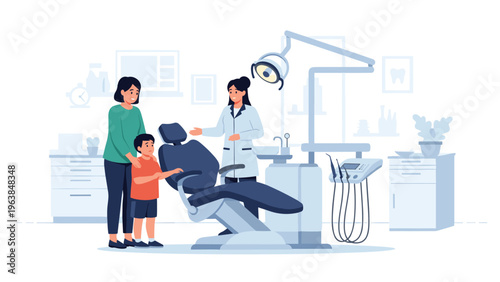 Pediatric dentist explains procedure to mother and young son in modern dental clinic office with professional equipment and comfortable chair.
