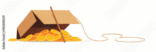 Money trap with cardboard box and rope, pile of gold coins bait, financial fraud risk concept illustration on transparent background