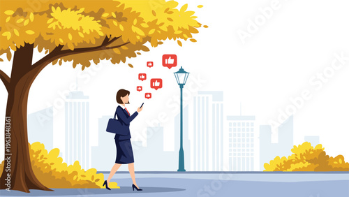 Elegant businesswoman walks through city park under autumn tree while using smartphone with social media like icons floating in the air.