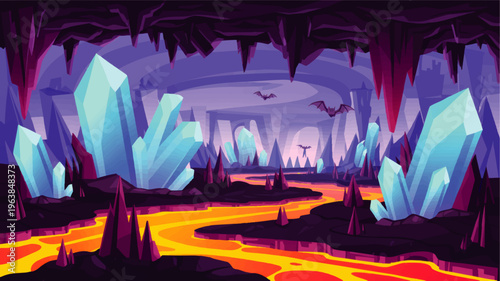 Fantasy crystal cave landscape with glowing lava river, purple rock formations, flying bats and magical blue crystals, game background