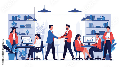 Group of diverse business professionals works in a modern open office space featuring colleagues shaking hands and employees at their desks.