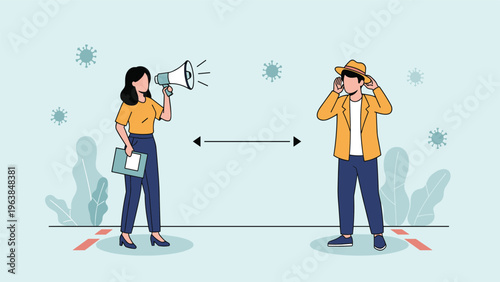 Professional woman uses a megaphone to communicate with a man from a safe social distance indicated by lines and arrows in a pandemic.