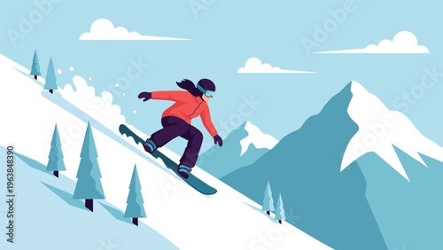 Skilled female snowboarder glides down a steep snowy mountain slope surrounded by evergreen pine trees under a clear winter sky.