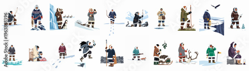 Comprehensive set of flat vector illustrations depicting the traditional lifestyle, hunting, fishing, and cultural activities of Arctic indigenous people in snowy winter landscapes.