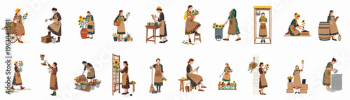 Set of flat vector illustrations depicting a female florist working with sunflowers and various plants in different gardening and floral arrangement activities.