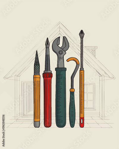 Hand drawn home repair tools illustration with house outline background, colorful DIY maintenance concept for construction and renovation design