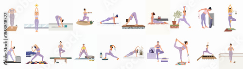 Flat Illustration Set of Women Practicing Various Yoga Poses and Fitness Exercises in Diverse Indoor and Outdoor Modern Settings