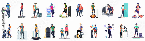 Collection of flat vector illustrations featuring diverse esports professionals, gamers, and technical staff working at a video game tournament or event.