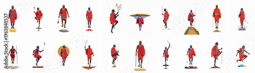 Maasai Warriors Collection in Traditional Red Attire with Spears and Beads, Cultural Illustration Set of Jumping and Standing Figures on White Background.