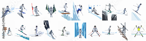 A Large Collection of Dynamic Vector Illustrations Showcasing Skiers in Various Exciting Winter Sport Activities and Challenging Mountain Terrains.
