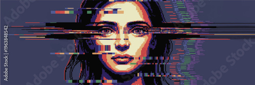 Abstract pixel glitch portrait of woman face on blue background, cyberpunk vaporwave digital art, distorted data stream concept