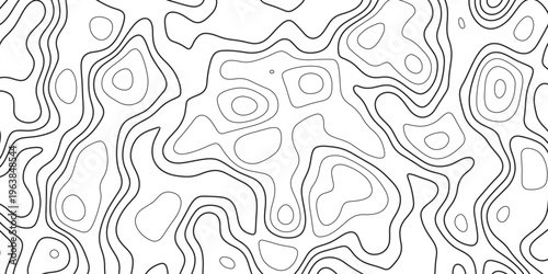 Black and white topographic map lines pattern with irregular organic shapes