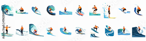 Collection of twenty flat design illustrations of male surfers riding different types of ocean waves, featuring various poses and action-packed scenes.