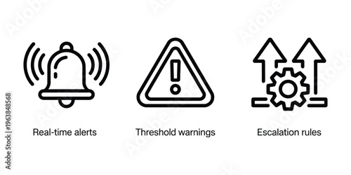 Real time alert and monitoring icon vector set, threshold warnings, escalation rules, and critical system response symbols for business dashboards, analytics, and IT operations