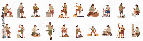 A collection of male and female archaeologists in safari outfits excavating ancient artifacts, pottery, and ruins using various tools in a flat vector style.