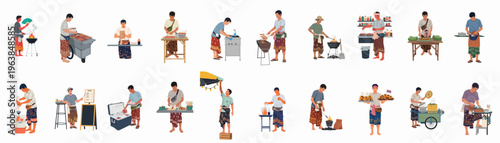 Vector illustrations of male Thai street food vendors in traditional clothing performing various tasks like grilling, cooking, and serving, isolated on white background.