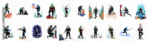Diverse set of 20 underwater diver illustrations featuring scuba diving, treasure hunting, marine biology research, and deep-sea exploration in a flat art style.
