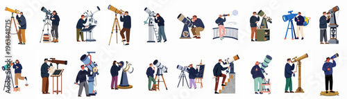 A collection of diverse people using various telescopes for astronomy, stargazing, and scientific observation in a flat illustration style.