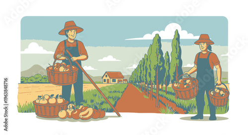 Farmers harvesting potatoes in field.