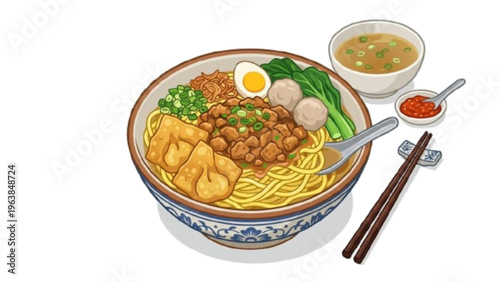 Indonesian Chicken Noodle Bowl with Meatballs and Wontons