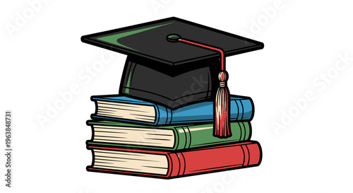 Graduation cap on stacked books.