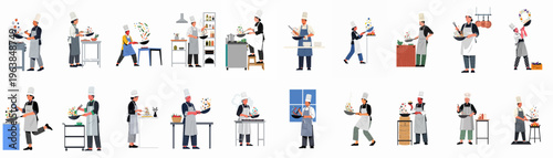 Diverse Collection of Professional Chefs Cooking and Preparing Food in Various Kitchen Scenarios, Flat Vector Illustration Set Isolated on White