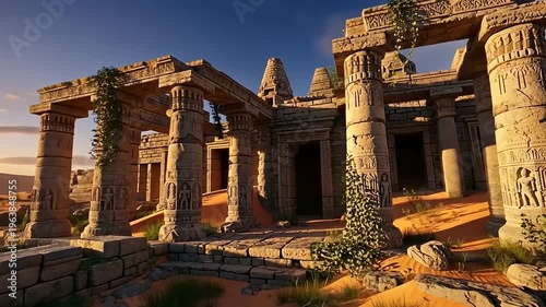 Ancient stone ruins of a temple complex bathed in the warm glow of sunset, showcasing intricate carvings and weathered architecture.