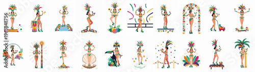 Collection of twenty flat illustrations featuring vibrant Brazilian carnival dancers in traditional feather costumes, celebrating the energy and culture of Rio's famous festival.
