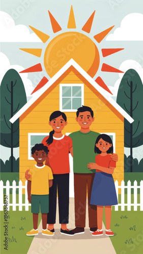 Happy family standing in front of new home, sunny day neighborhood, smiling parents and children, house ownership illustration