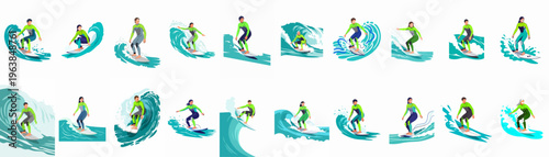 Collection of diverse flat vector illustrations showing men and women surfing on various stylized blue ocean waves, isolated on a white background.