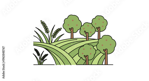 Green trees on rolling hills landscape.