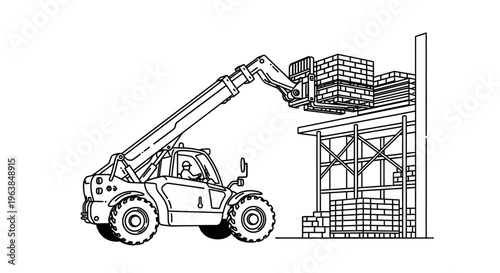 Tractor Unloading Bricks from Pallet.