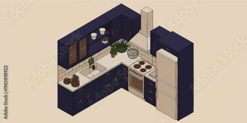 Isometric modern navy blue kitchen interior illustration with cabinets, plants, stove and refrigerator on pastel background