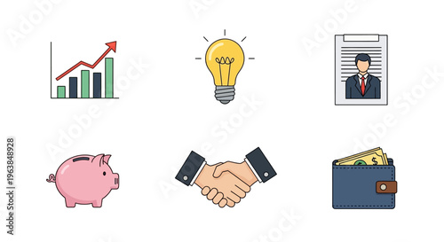 Business finance icons show growth, handshake, and money management