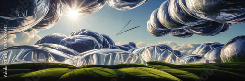 Surreal futuristic landscape with glossy plastic clouds over green hills under bright sun, imaginative environmental fantasy illustration
