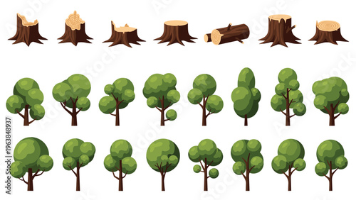 Grid of various types of green trees and brown tree stumps after being cut down showing the impact of logging and forestry.