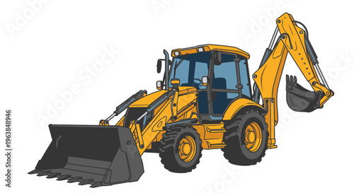 Yellow Backhoe Loader Construction Equipment Machine.