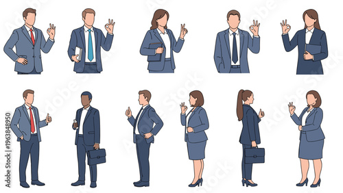 Large set of diverse business men and women standing in various professional poses and making positive gestures like okay signs.