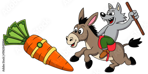 Cartoon wolf riding donkey chasing money carrot, motivation reward concept, business greed metaphor illustration on transparent background