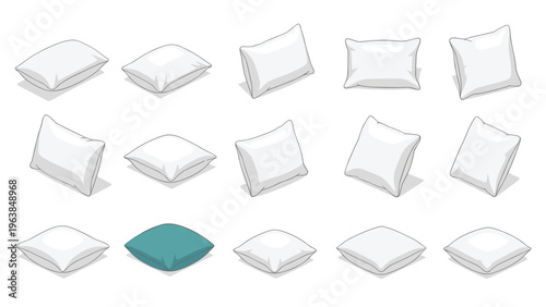Large collection of white pillows arranged in rows with a single teal blue pillow highlighted to represent unique choice.