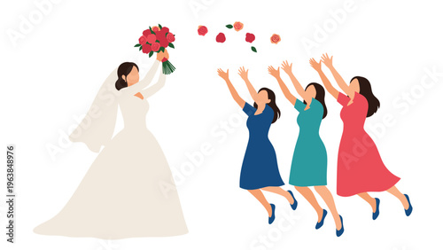 Beautiful bride in a white wedding dress throwing her red rose bouquet to a group of excited bridesmaids during the ceremony.