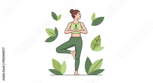 Woman practices yoga in a serene outdoor setting surrounded by lush green leaves.