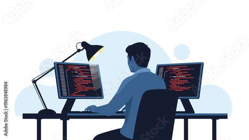 Rear view of a software developer working at a desk with two computer monitors displaying complex programming code scripts.