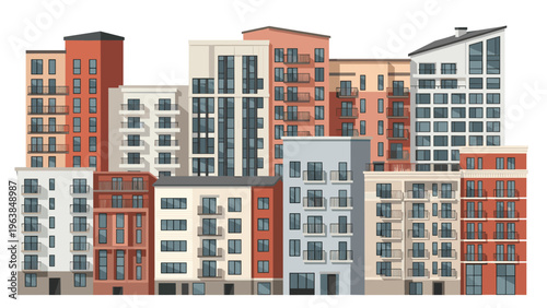 Detailed urban cityscape showing a variety of tall modern residential apartment buildings in a clean flat vector illustration.